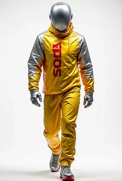 A suit in the shape of a tin. The can is metallic, with vibrant colors such as yellow and silver, with a bright design with bubbles and drops of water that simulate condensation. The upper part of the suit has a slightly open tin lid, as if it were the ope...