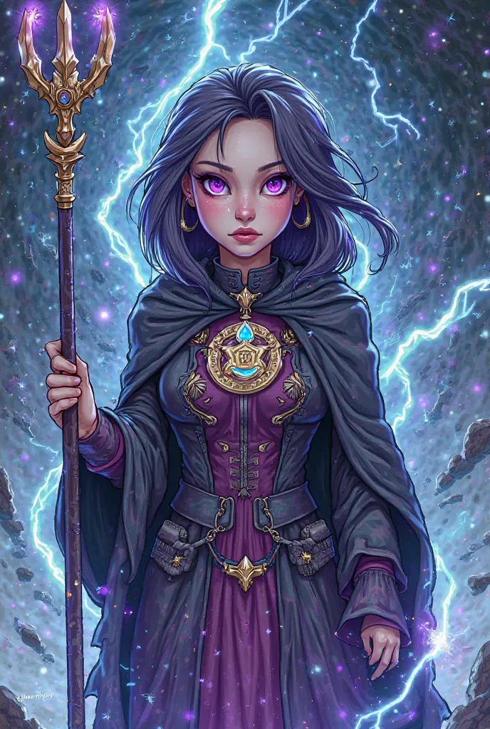 Draw a time lady with purple eyes and lightning, she has a trident, and on the chest there is an order and a zipper in a cartoon style