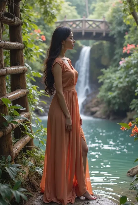 A beautiful young Indonesian woman with long hair. wearing a long top blouse
 Low-necked,under a long leg dress, full body shot, thick body, ladder,  stiletto heels , duduk santai di ladder, next to it there is a beautiful flower plant,waterfall background...