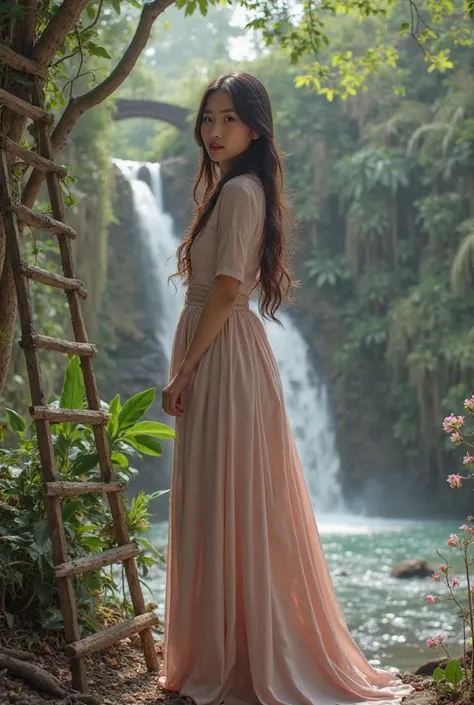 A beautiful young Indonesian woman with long hair. wearing a long top blouse
 Low-necked,under a long leg dress, full body shot, thick body, ladder,  stiletto heels , duduk santai di ladder, next to it there is a beautiful flower plant,waterfall background...