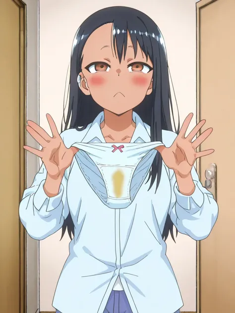 Hayase Nagatoro, clothed, (fit situation), glamorous, leggy, chunky legs, curvy, (upper body), {{{holding out Stained panties}}}, vaginal discharge stain There are stains of vaginal discharge and urine, which look smelly, {give panties},present for viewer,...