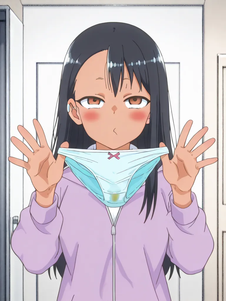 Hayase Nagatoro, clothed, (fit situation), glamorous, leggy, chunky legs, curvy, (upper body), {{{holding out Stained panties}}}, vaginal discharge stain There are stains of vaginal discharge and urine, which look smelly, {give panties},present for viewer,...