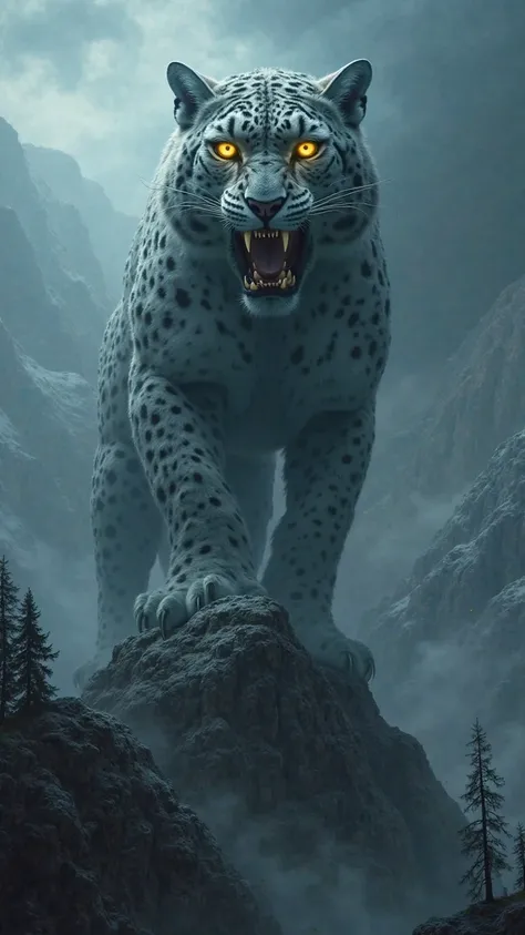 *“
*“Perched on a crumbling mountain peak, a gigantic, shadow-infested snow leopard, standing over 60 feet tall, glares down upon the cursed land below. Its fur is no longer solid, but a swirling mass of living shadows, constantly shifting and reaching out...