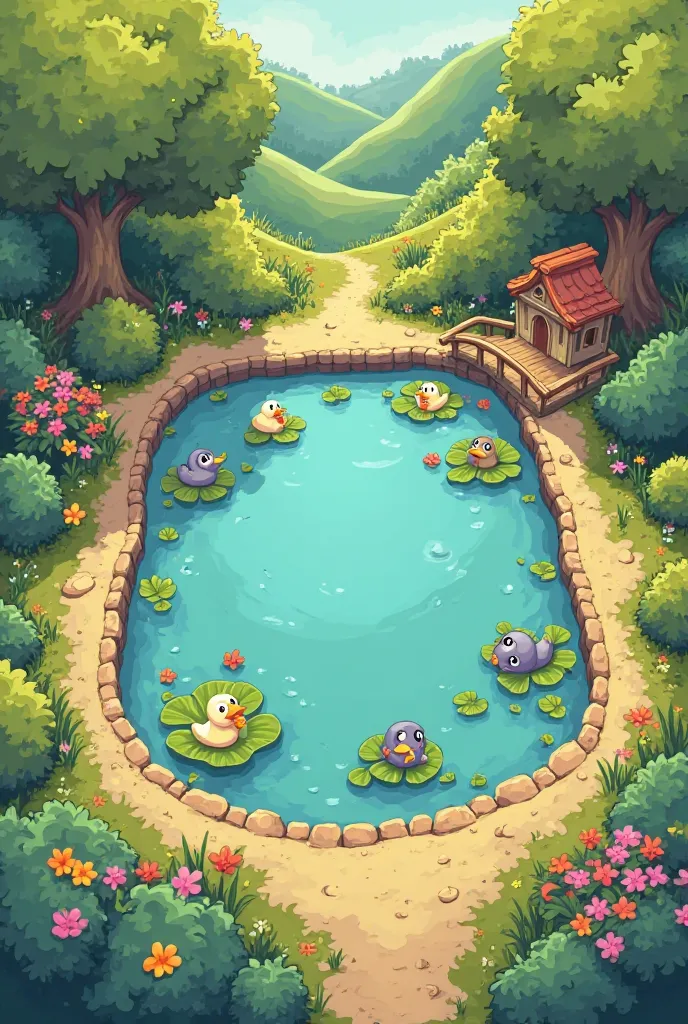 Create a, in cartoon style, let it be an aerial view of a pond, shaped like a square, with little ailments around