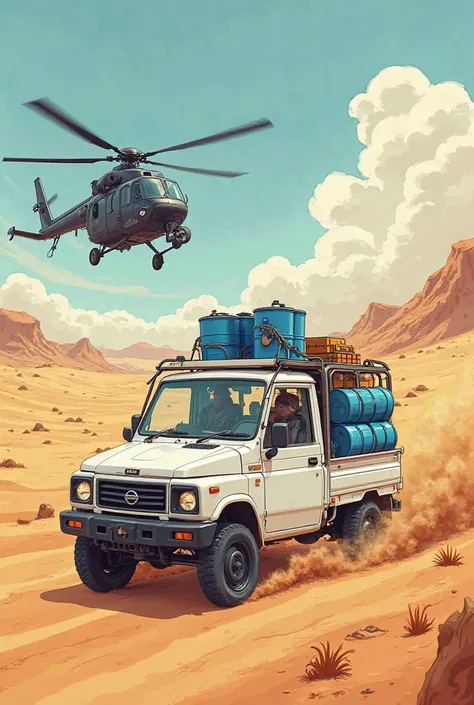 Create a cartoon image of a white Nissan tlapa with sheathes and tables loaded with blue drums in the desert and a black army helicopter in pursuit 