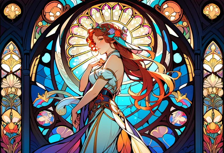 (stained glass, back lighting), Mucha style