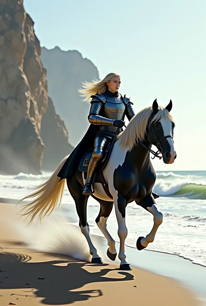 Rhaegar Targaryen galloping on the beach on her black and white Gypsy Vanner horse.