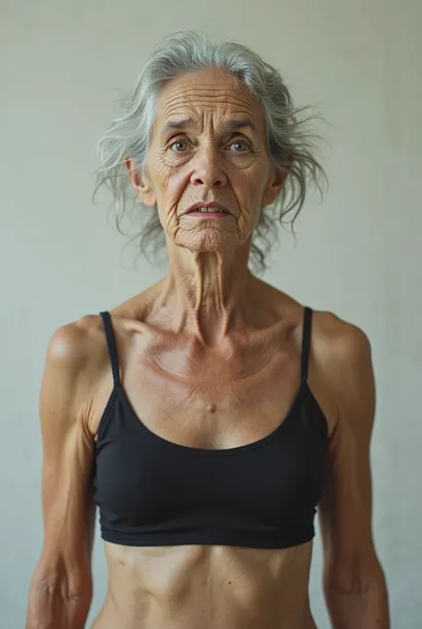 I want a picture of an old woman, but with a thirty-year-old body, wearing a black bra