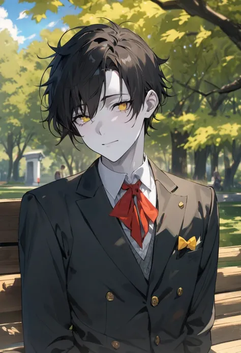 masterpiece , excellent quality , man , age s,  Attractive face, very detailed face, white skin, black hair, golden yellow eyes , school uniform  , In the park , by day ,  male gender , Alone 