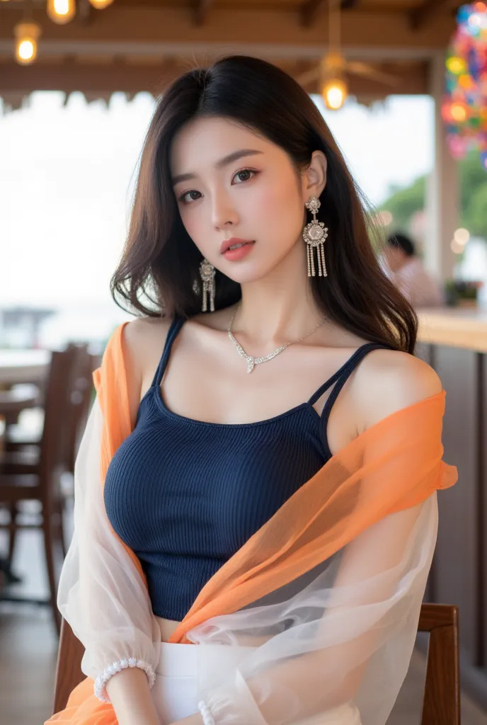 Super detailed body, super detailed face, best quality, close-up, beautiful Korean female model upper body, fair skin, pretty face, brown eyes, white transparent silk combined with dark blue pinstripe top, white pencil skirt, semi-transparent orange scarf ...