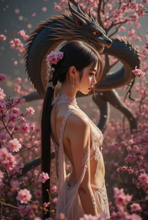 A skinny young Chinese girl, 18 years old, with an extremely slender body and fragile and delicate appearance. Her hair is long and black, with fringes and an extremely long ponytail, adorned with traditional Chinese ornaments and delicate hashi that glow ...