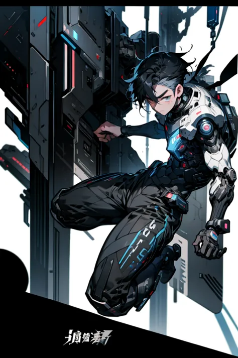  black and white 、alone、Front 、full body、anime boy protagonist in a futuristic machine combat suit、Cyberpunk Anime Boy、