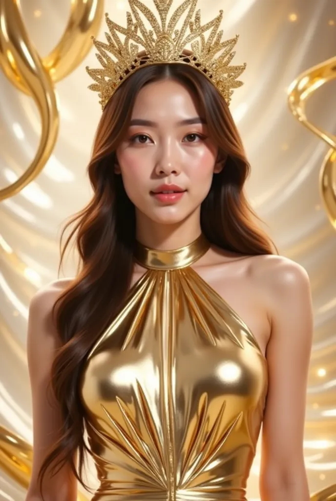 a woman in a stunning gold metallic gown that glimmers elegantly. The dress has a halter neckline and a fitted silhouette, accentuating her figure. She is wearing a golden crown-like headpiece with intricate details, complementing her overall regal appeara...