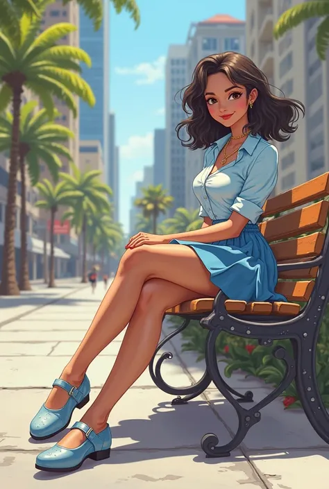 Tip: A very lovely  beautiful Asian American woman being happy alone on a bench in Downtown San Diego in the sun..The illustration is a high definition illustration with 4k resolution., with highly detailed facial features and cartoon style visuals, light ...