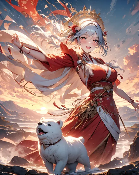 The celestial maiden dancing in the sky、smiling double teeth、blue short hair、red and white rope hair ornament、red and white kimono with a floral pattern、holding a plush polar bear、white scarf、 sunrise sky 、High Resolution, masterpiece, accurate, 