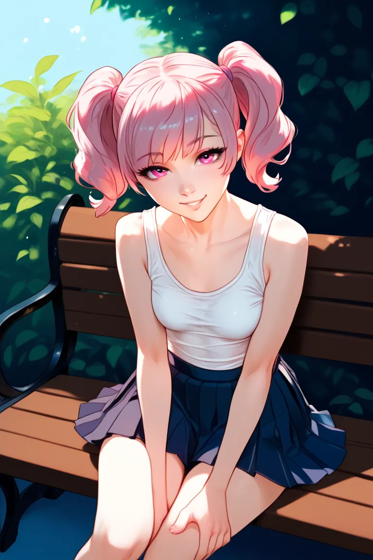 1 girl, twintails, small breasts, pink hair, short hair, small smile, pink eyes, tank top, pladed skirt, white tank top, bra, sitting on a bench, short twintails