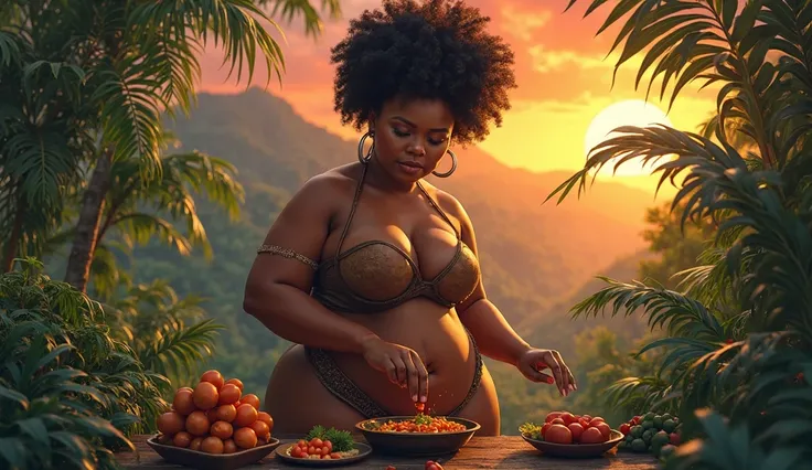 brown skin,  huge breasts, thick thighs,  shiny skin, Manyuu Chifusa, afro lips parted in the jungle, sunset in the background, Food preparation.