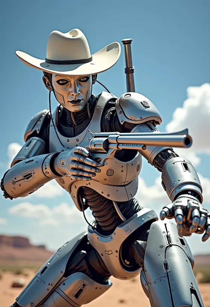 hyper realistic photograph of a intricately built cowboy android robot in an action pose shooting his two silver cold revolvers, wild west, action film, cinematic, ambient occlusions, titanium, intricate details, action