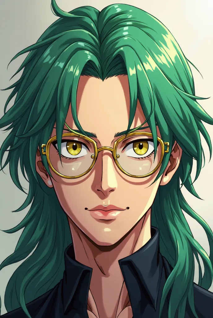 Make an image with the anime-style art of Bleach. the character is a man with green hair that reaches up to his shoulders, yellow eyes and wear golden glasses. 