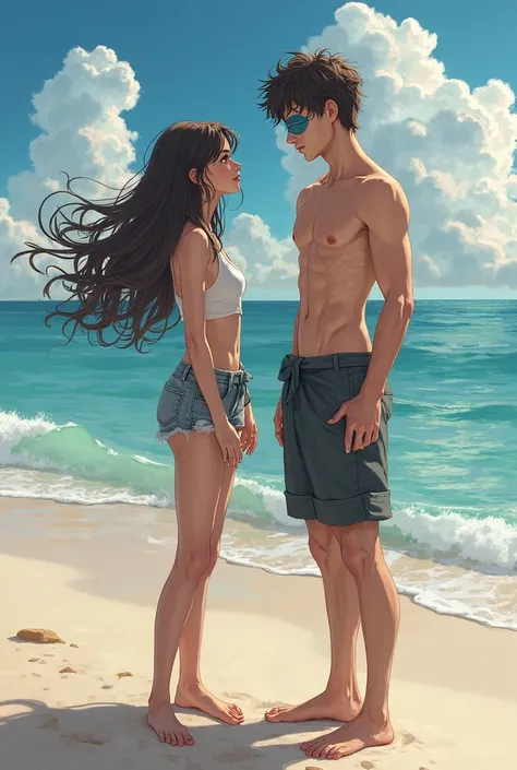  Girl with dark brown hair , brown eyes with long hair with natural slings enjoying the beach accompanied by a tall man with dark brown hair, Blue Eye Patch 