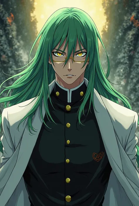 Make an image with the anime-style art of Bleach. the character is a man with green hair that reaches up to his shoulders, yellow eyes and wear golden glasses. He wears a black shinigami outfit and a white Captain's haori