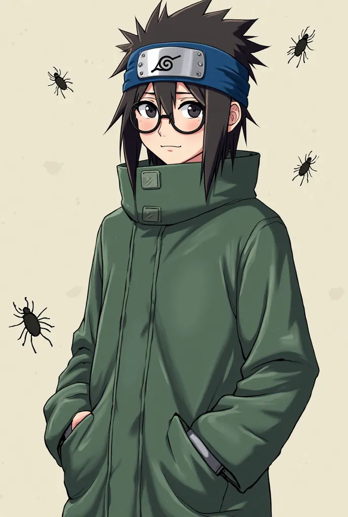 A boy wearing a greenish overcoat,  he has his hands in his pocket , an anime drawing inspired by naruto, Does he have round glasses with black lenses, Wear a blue headband with a sheet of metal like Konoha's, anime artsyle, Naruto artsyle, Kishimoto artst...