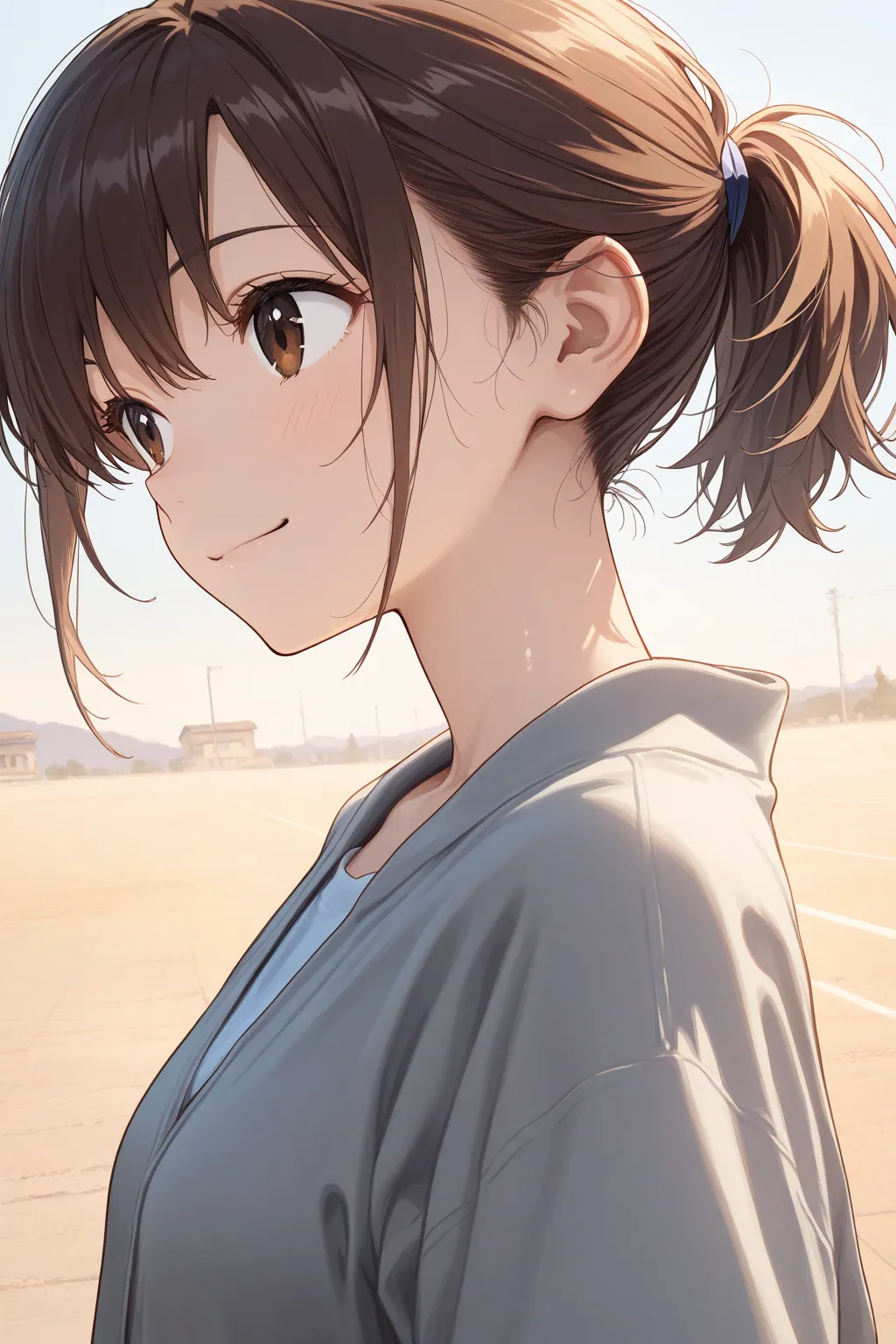 紺色のセーラー服を着た日本woman,Ponytail、masterpiece, Highest quality, high image quality, very aesthetic,   latest, scenery,very well detailed,High Resolution,woman、brown hair,  short hair,brown eyes, healthy skin for 1 female,shiny texture,simple background,Evangelio...