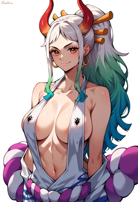 score_9,score_8_up,score_7_up,score_6_up, yamato \(one piece\), 1girl, solo, japanese clothes, multicolored hair, jewelry, earrings, virgin-killer sweatshirt, hair ornament, curled horns, long hair, oni, smile, breasts, hair stick, white background, closed...