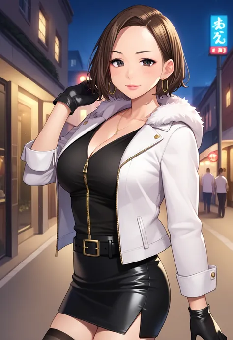 score_9, score_8_up, score_7_up, score_6_up, masterpiece, best quality, looking at viewer, solo, BREAK NSFW_SenpaiSan_DoukiChan_ownwiafu, mature female, mature, Adult, brown hair, medium breasts, short hair, earrings, forehead, hoop earrings, gloves, looki...