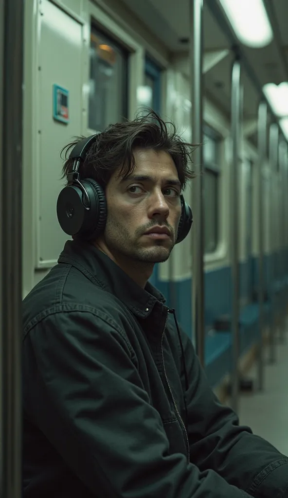 A thoughtful man, with headphones , Sitting inside a subway, 