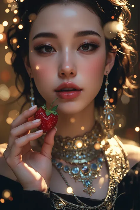 Close up sexy Greek goddess eating a red strawberry