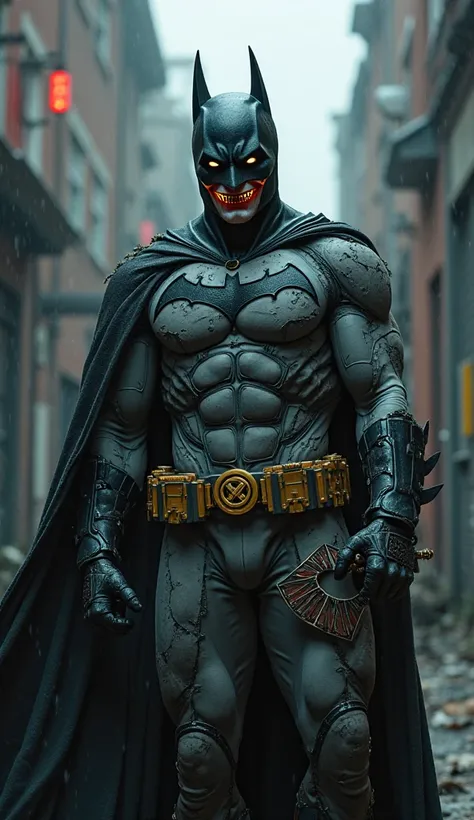  A dark and intense fusion of Batman and the Joker, blending the stoic, brooding nature of Batman with the chaotic, manic energy of the Joker. The character wears a tattered version of Batman's iconic suit, with the bat symbol replaced by a twisted grin. H...