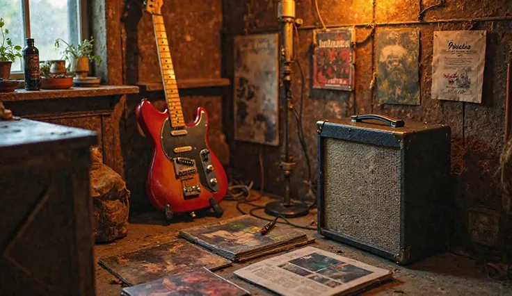 A cozy garage in the 70s: a vintage Fender Telecaster connected to a small, crackling amp, scattered blues records, a pack of cigarettes on an old wooden table, warm amber lighting, a raw and rebellious rock and roll mood.