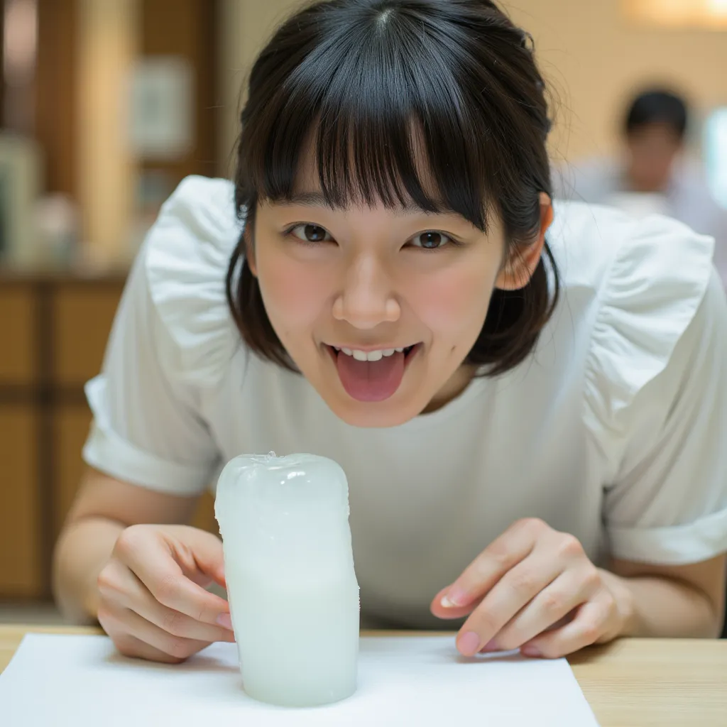 photographs,japanese girl ,20 years old,medium hair,150cm tall,in cafe,hall staff,maid costume,(one vertical sausage shape smooth transparent ice on the table:1.3),lapping ice,(holding mouth ice and hand holding:1.5),(tongue out:0.9),bent over,embrassed sm...