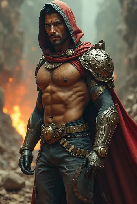 Handsome Brazilian  man. Color brown hero outfit. Metallic arm pad hero outfit. Hood and cape hero outfit. Topless. Skinny.  skinny hot. Souls inspired logo in outfit. Skinny. Small muscles 