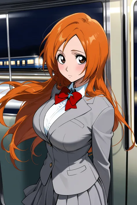 from the side,best quality,woman,inoue orihime(BLEACH),orange hair,long hair,large breasts,gray blazer,red bow tie,gray short pleated skirt,expressionless,open eyes,closed mouth,blush,standing,1woman,night in the train,looking at viewer