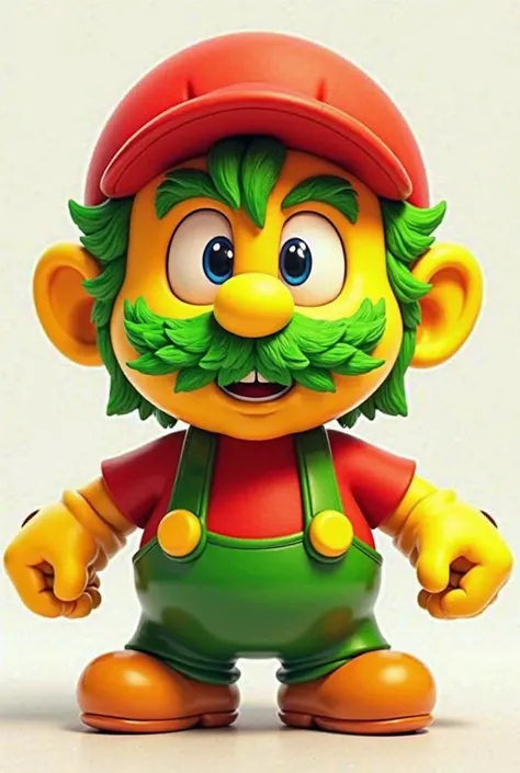 Super Mario Bros Yellow face and hands red shirt and hat green overalls, hair, eyes and green mustache and sideways and no background 