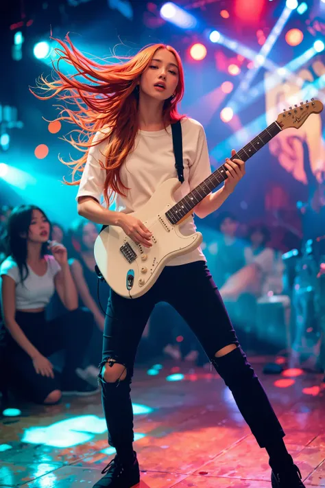 Photograph of a beautiful young redhead with dreadlocks playing a white electric guitar on a stage with a reggae atmosphere