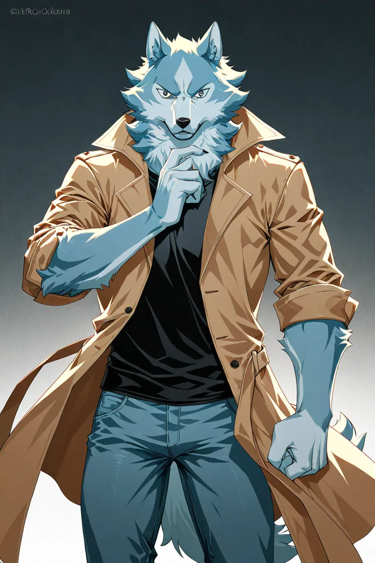 Shirou ogami de brand new animal , Shirou Ogami , lobo albino , Muscular , agent , wolf with big fur , furry , Muscular , Wear a trench coat and black t-shirt with jeans , Shirou Ogami de brand new animal 