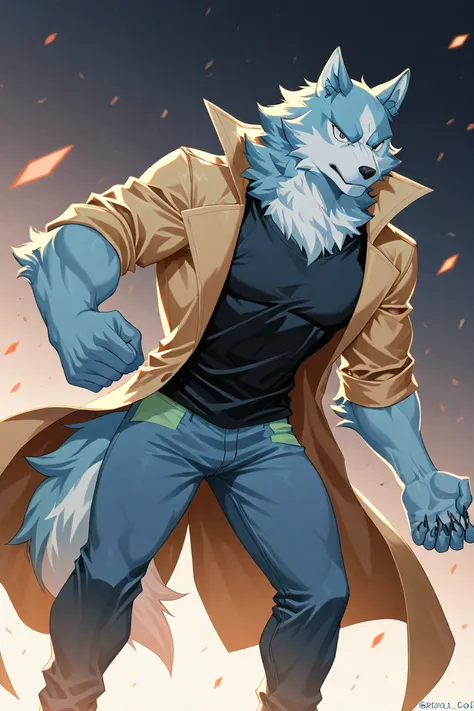 Shirou ogami de brand new animal , Shirou Ogami , lobo albino , Muscular , agent , wolf with big fur , furry , Muscular , Wear a trench coat and black t-shirt with jeans , Shirou Ogami de brand new animal 