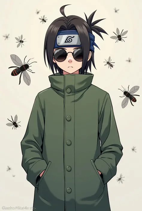 A boy wearing a greenish overcoat,  he has his hands in his pocket , an anime drawing inspired by naruto, he has round glasses with black lenses, Wear a blue headband with a sheet of metal like Konoha's, anime artsyle, Naruto artsyle, Kishimoto artstyle,  ...