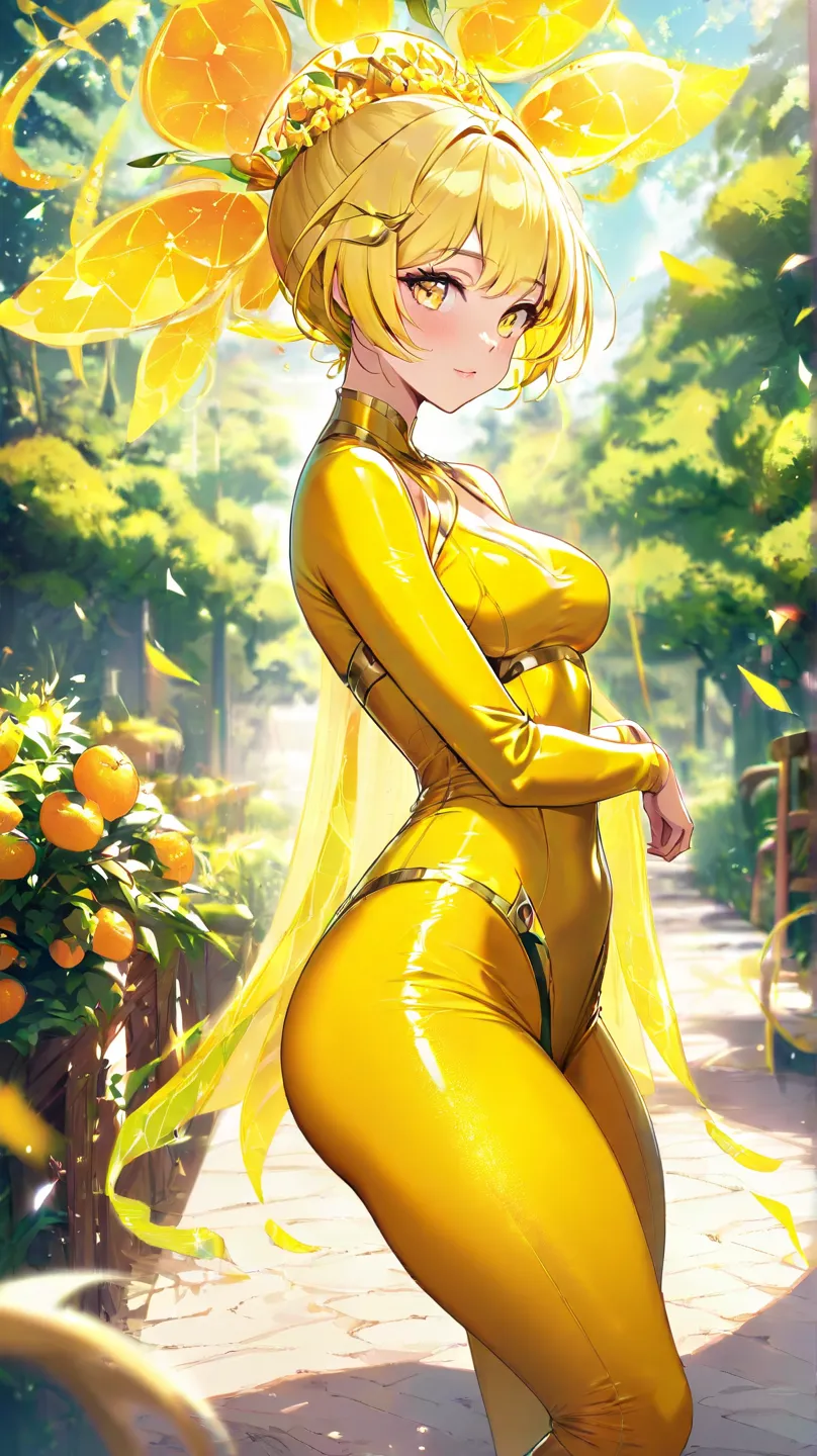 girl, medium breasts, short yellow hair, yellow eyes, wearing dark yellow shirt, wearing yellow leggings, big ass and thighs, limon