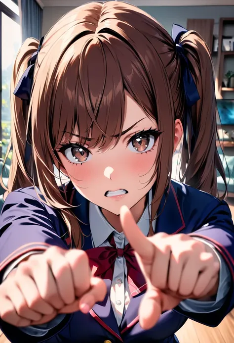 (masterpiece  ,   top quality:1.2), 1 girl, alone, Girl with expressive dark brown eyes, The right move,  beautiful hands , living room,   female college student,  brown hair twin tails, (((perfect face))), blazer uniform, get angry, ((( points to viewers)...