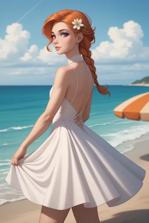 Female, Light orange Hair, Braided Ponytail, Violet eyes, Slender body, Small chest, White dress, Beach, Silk dress, Silk top