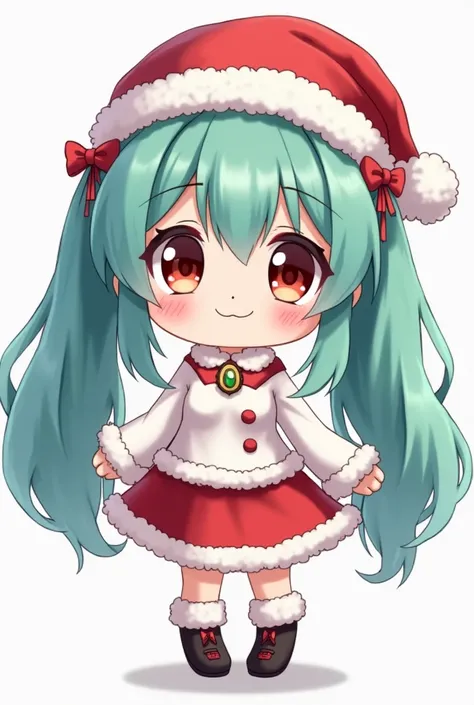 a picture of an anime style girl's Chibi plush toy。The plush is made of soft and cuddly fabric、It has button eyes and a friendly look。She has long teal twin tails、Santa hat with white fur trim、A white dress with red accents and white fur trim、wears black s...