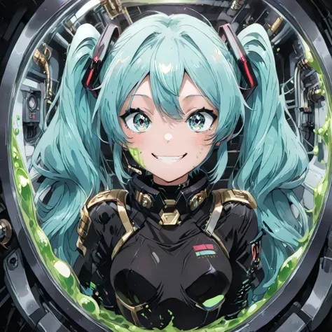 high quality、 anime、 Hatsune Miku、has a fearless smile、Many tubes are connected to、Inside the Laboratory、are inside large glass capsules with green liquid、Formalin-soaked capsules、connected to many devices、metallic futuristic room、AIで作られた Hatsune Miku、 Gli...