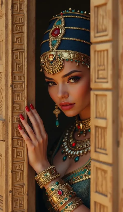 Lady with precious jewels peeking out behind the door of a palace in ancient Egypt,  ultra real and professional images