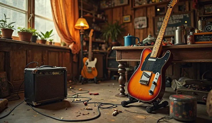 A cozy garage in the 70s: a vintage Fender Telecaster connected to a small, crackling amp, scattered blues records, a pack of cigarettes on an old wooden table, warm amber lighting, a raw and rebellious rock and roll mood.