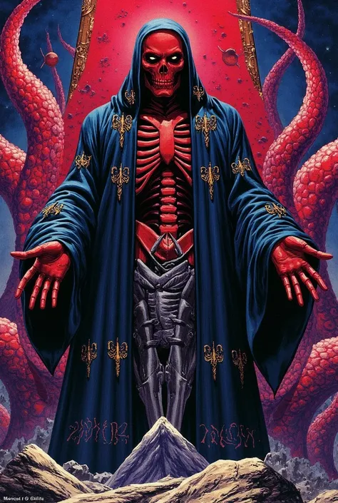 Ebony Skull (Red Skull + Ebony Maw)

 Image Description :
A reddish-skinned skeletal figure wears a black robe ornamented with cosmic patterns. His eyes are endless chasms, and his pale hands gesticulate, controlling soldiers with invisible chains of pure ...