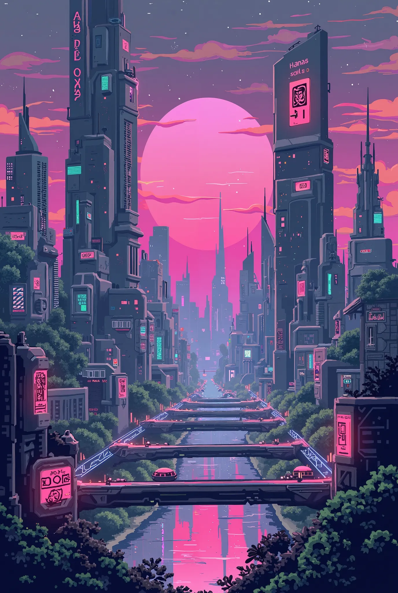 create retrofuturistic city wallpaper, 80s in pixel art